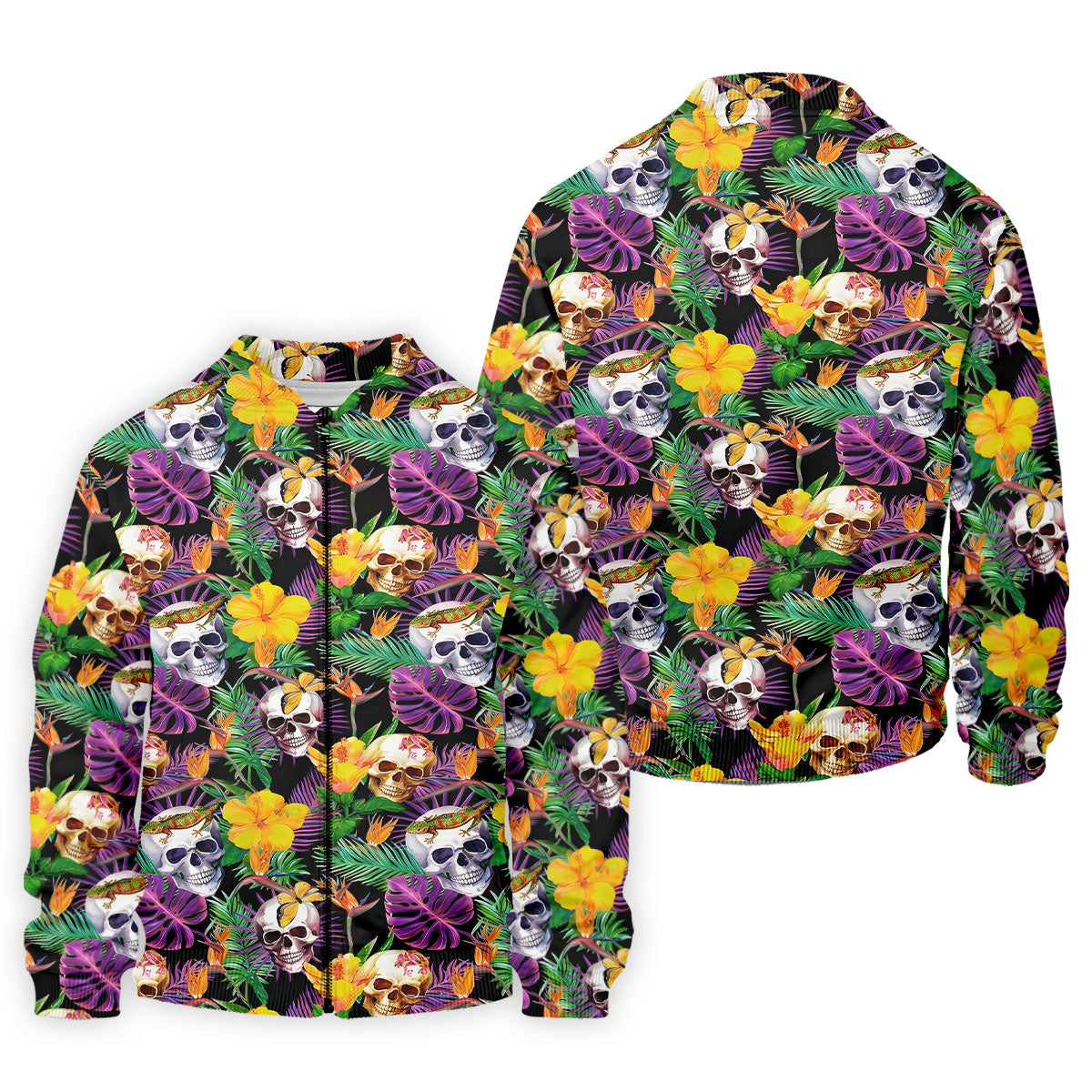 Tropical Sugar Skull Floral Golf Polo Shirt, Golf Shirts For Men, Printed Golf Shirts