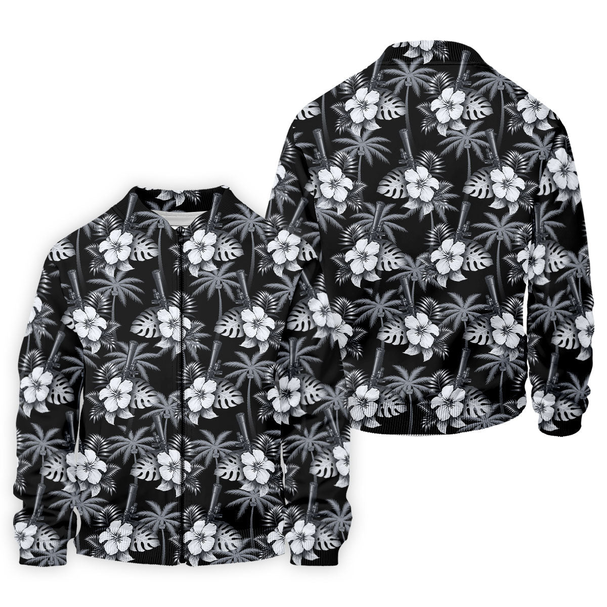 White Hibicus Black Hawaiian Golf Shirt, Tropical Summer Theme Golf Shirts For Men
