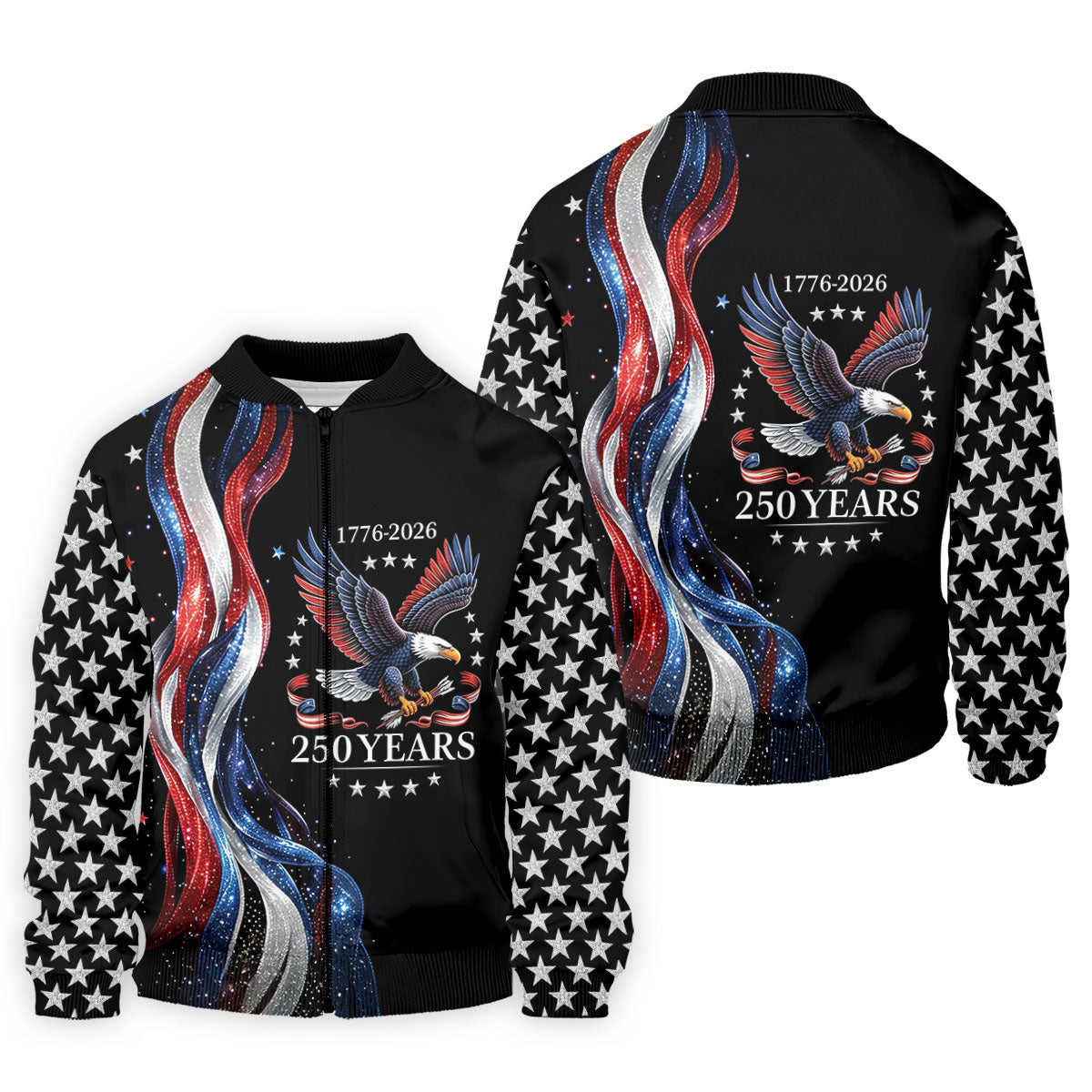 Bald Eagle Red White Blue Wavy Stripes Patriotic Golf Shirt, 250 Years 4th Of July Golf Shirts For Men