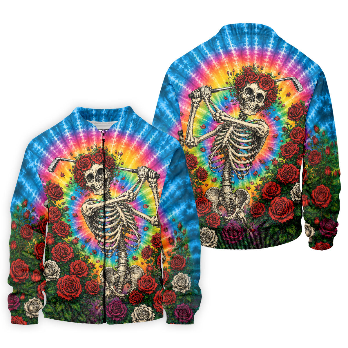 Rose Tie Dye Skeleton Golfer Halloween Polo Shirt, Mens Golf Shirts, Printed Golf Shirts