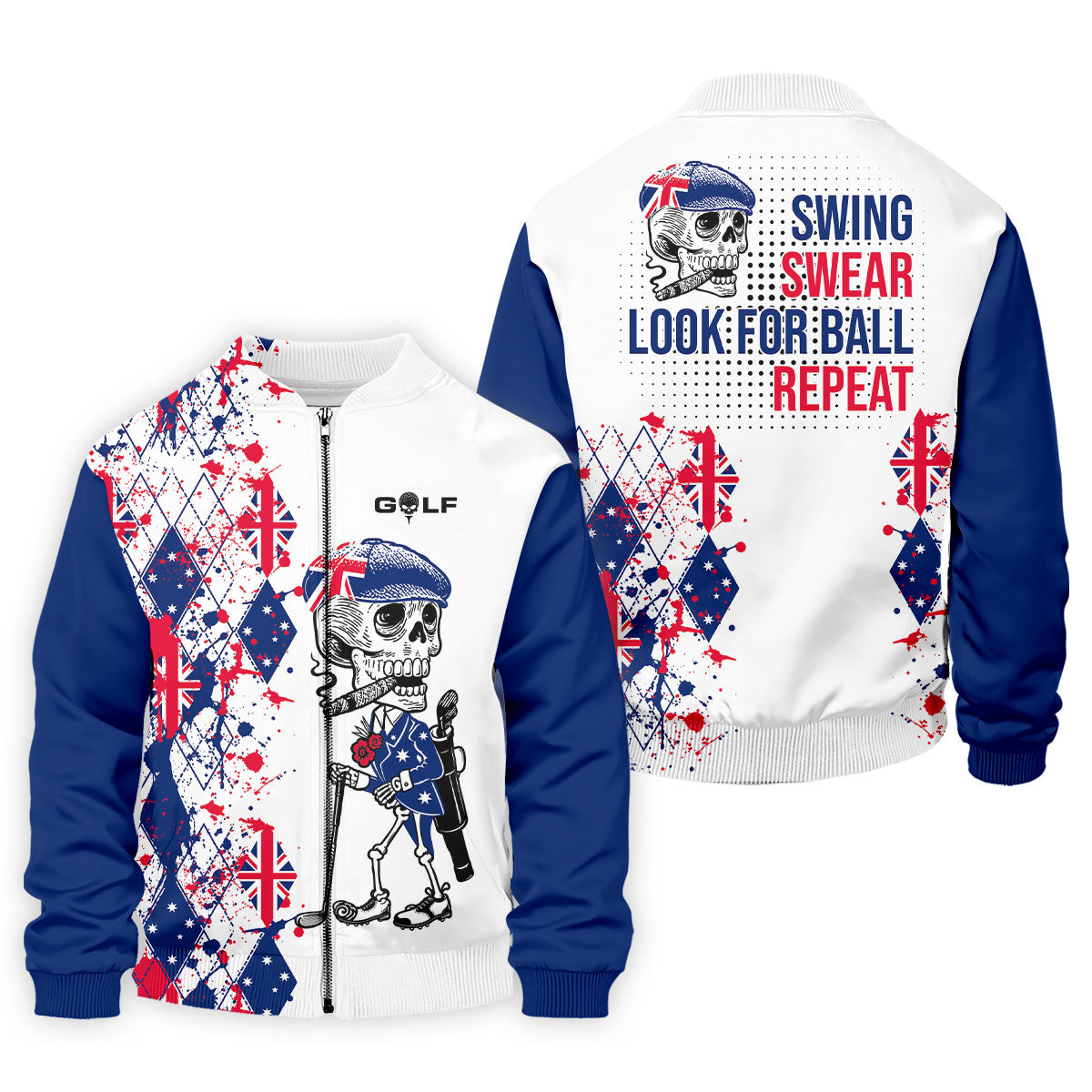 Swing Swear Look For Ball Repeat Australia Flag Print Skeleton Golfer Argyle Golf Shirt, Polo Shirts For Men