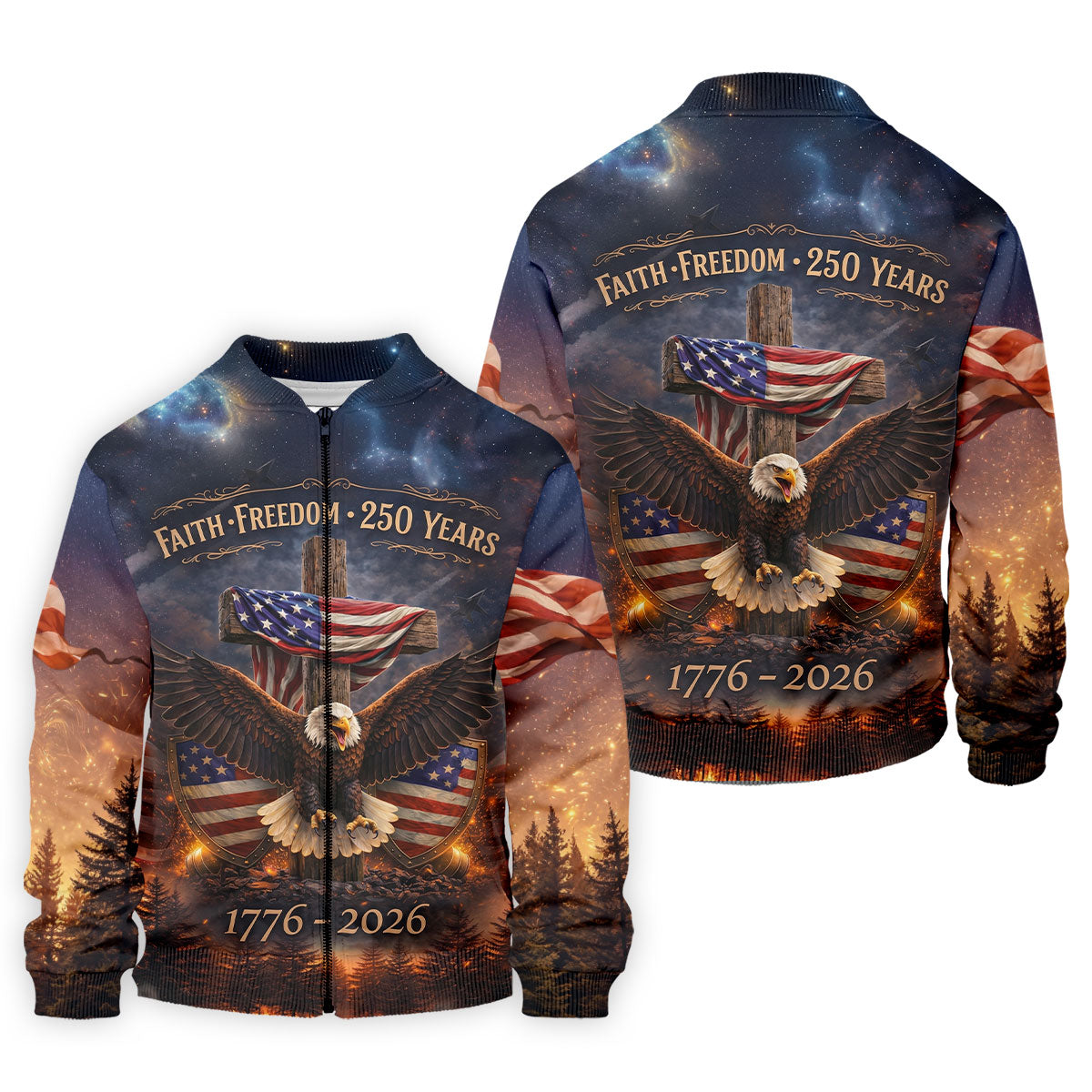 Faith Freedom 250 Years Galaxy Pattern US Flag Golf Shirt, Patriotic 4th Of July Golf Shirts For Men