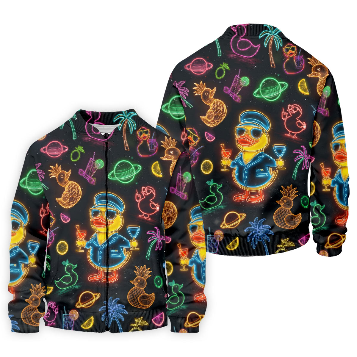 Jet Black Neon Duck Tropical Pattern Hawaiian Golf Shirt, Golf Shirts For Men, Polo Shirts For Men