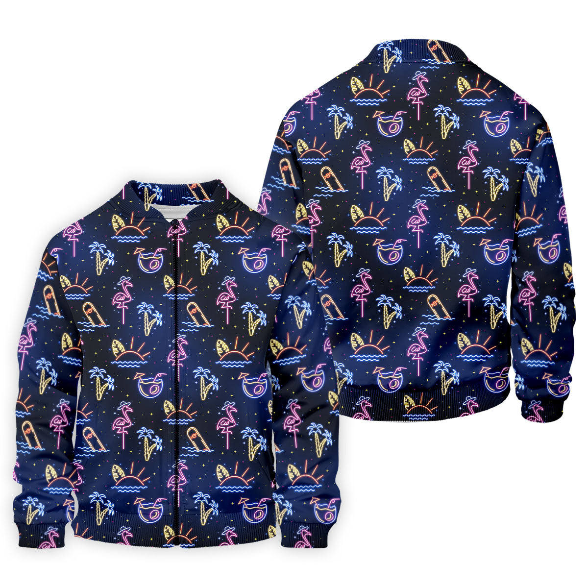 Neon Tropical Flamingo Sunset Cocktail Night Golf Polo, Hawaiian Golf Shirt, Polo Shirts For Men