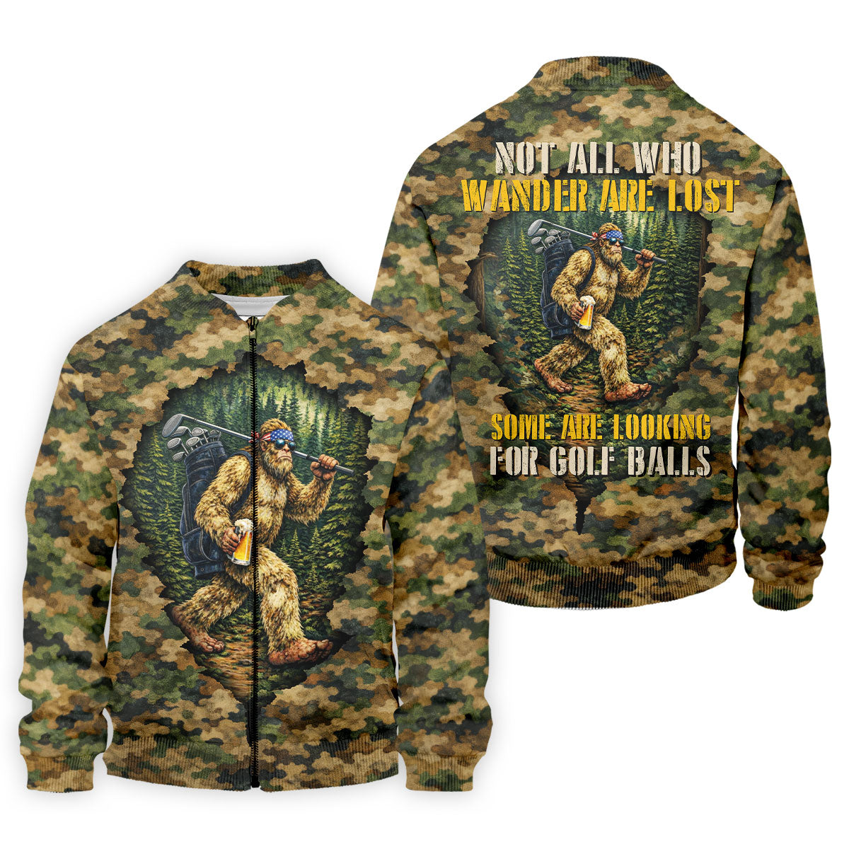 Camo Bigfoot Golfer Drinking Beer Polo Shirt, Mens Golf Shirts, Golf Apparel For Men