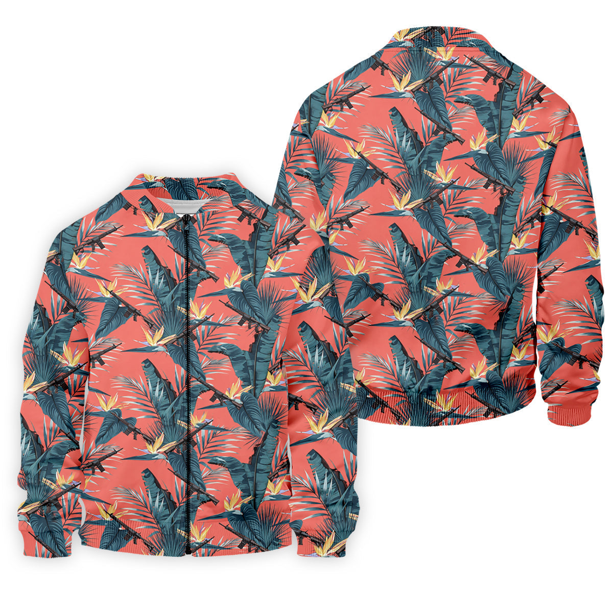 Tropical Palm Leaf And Rifle Pattern Coral Golf Polo, Printed Golf Shirts, Golf Apparel For Men