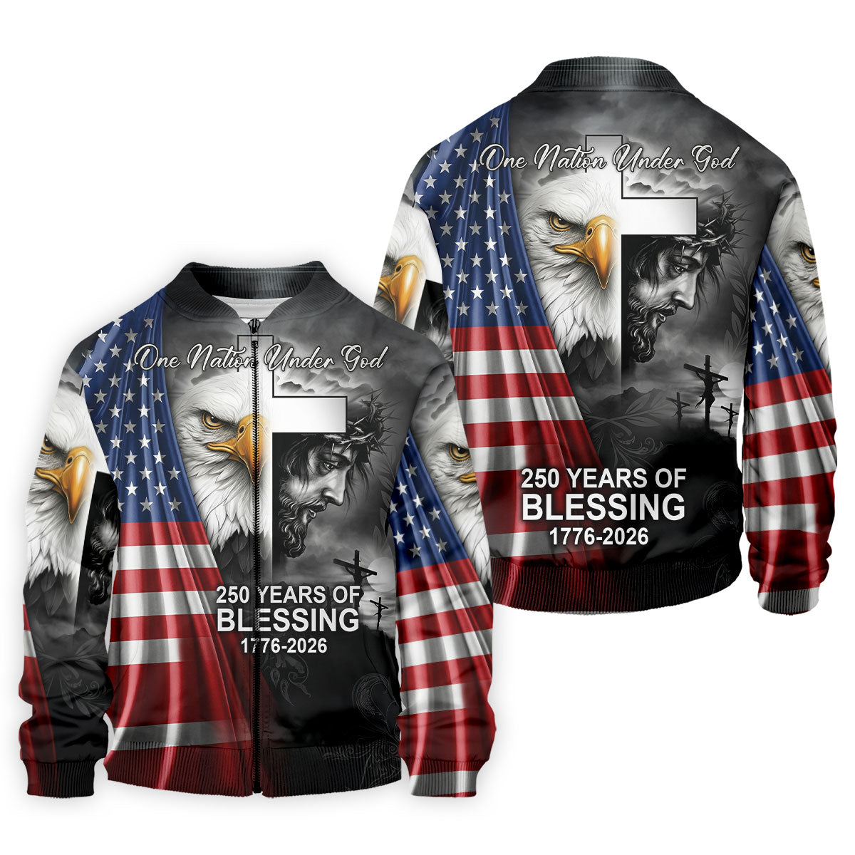 One Nation Under God 250 Years Of Blessing Faith Cross US Flag Golf Shirt, 4th Of July Golf Shirts For Men