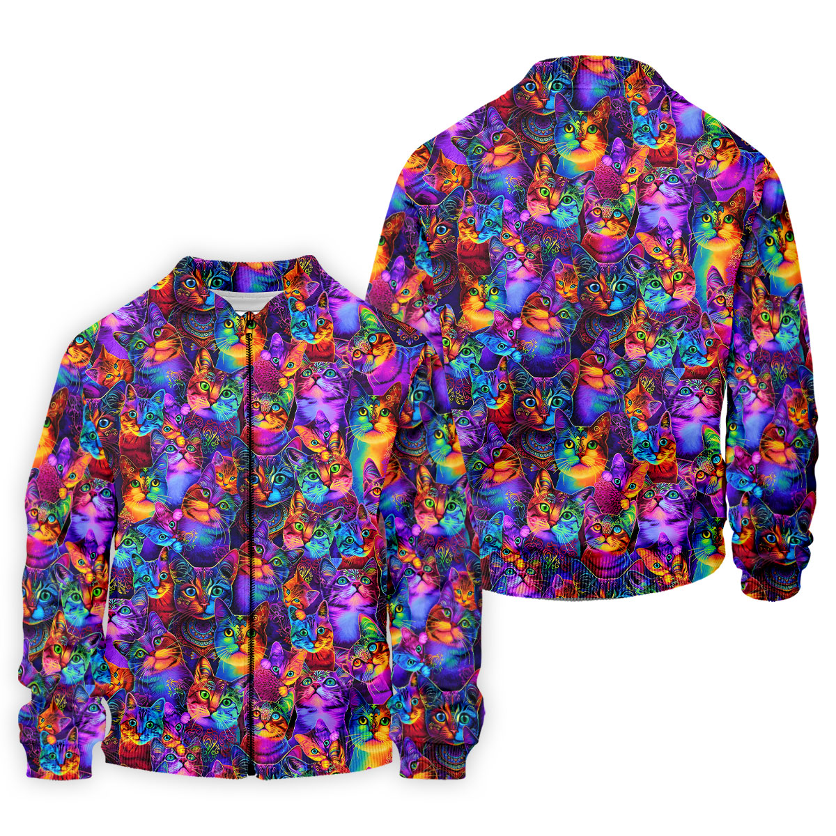 Psychedelic Cat Golf Shirt, Colorful Neon Cat Pattern, Polo Shirts For Men
