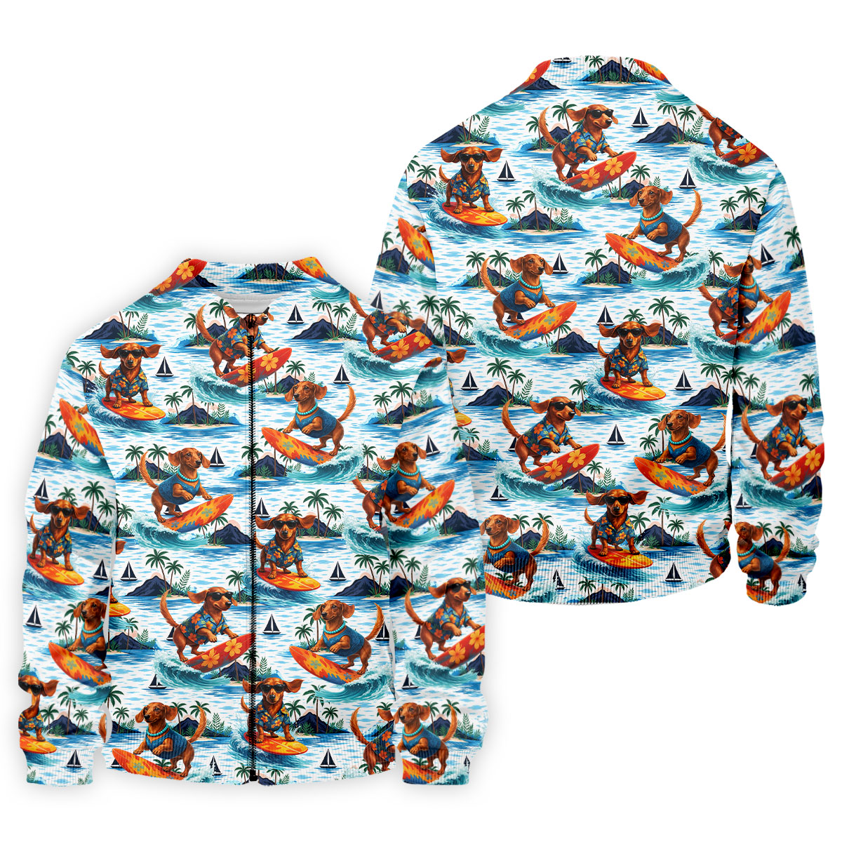 Funny Dachshund Surfing Beach Hawaiian Golf Shirt, Summer Vibe Golf Shirts For Men