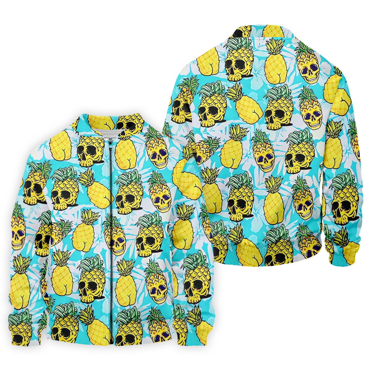 Tropical Pineapple Skull Pattern Golf Shirt, Mens Golf Shirts, Hawaiian Golf Shirt, Golf Apparel For Men