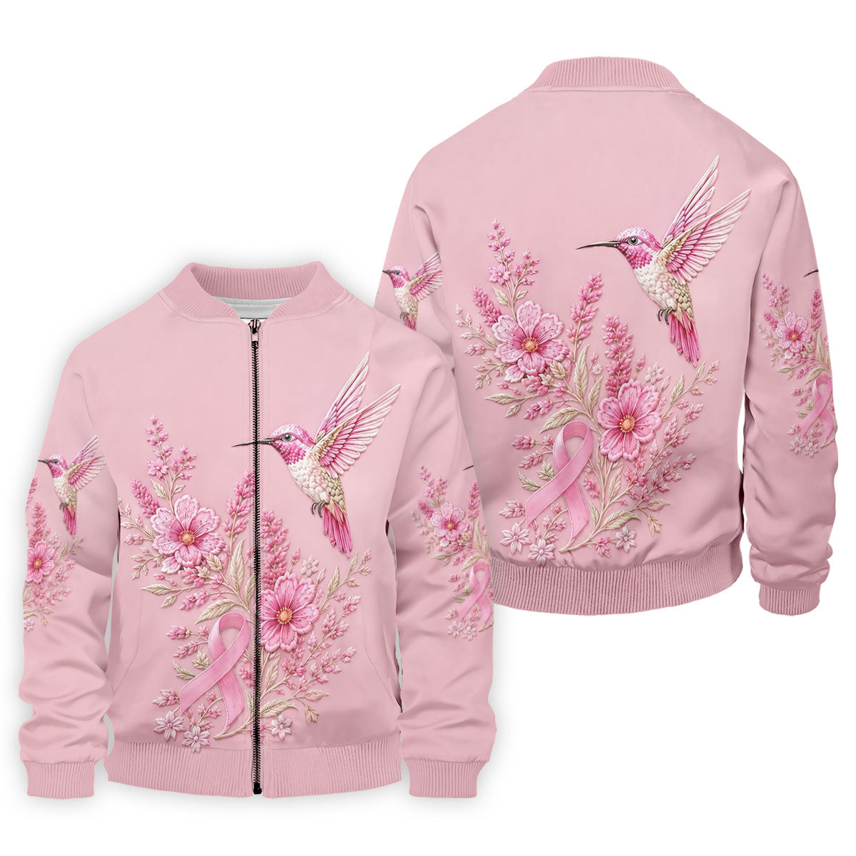 Hummingbird Floral Breast Cancer Ribbon Polo Shirt, Mens Golf Polo, Golf Apparel For Men
