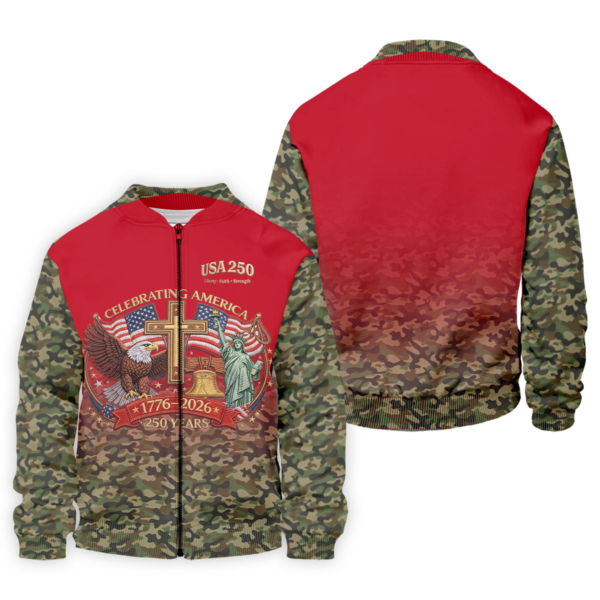 Liberty Faith Strength Faith Cross USA 250 Red Camo Golf Shirt, 4th Of July Golf Shirts For Men