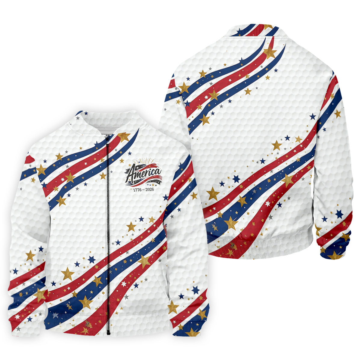 Red White Blue Wavy Stripes Golf Ball Pattern Patriotic Golf Shirt, 250th Anniversary Golf Shirts For Men