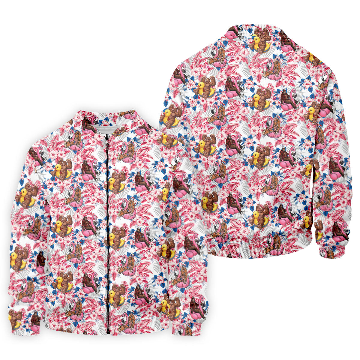 Funny Bigfoot Pool Party Hawaiian Golf Shirt, Red White Blue Tropical Flamingo Golf Shirts For Men