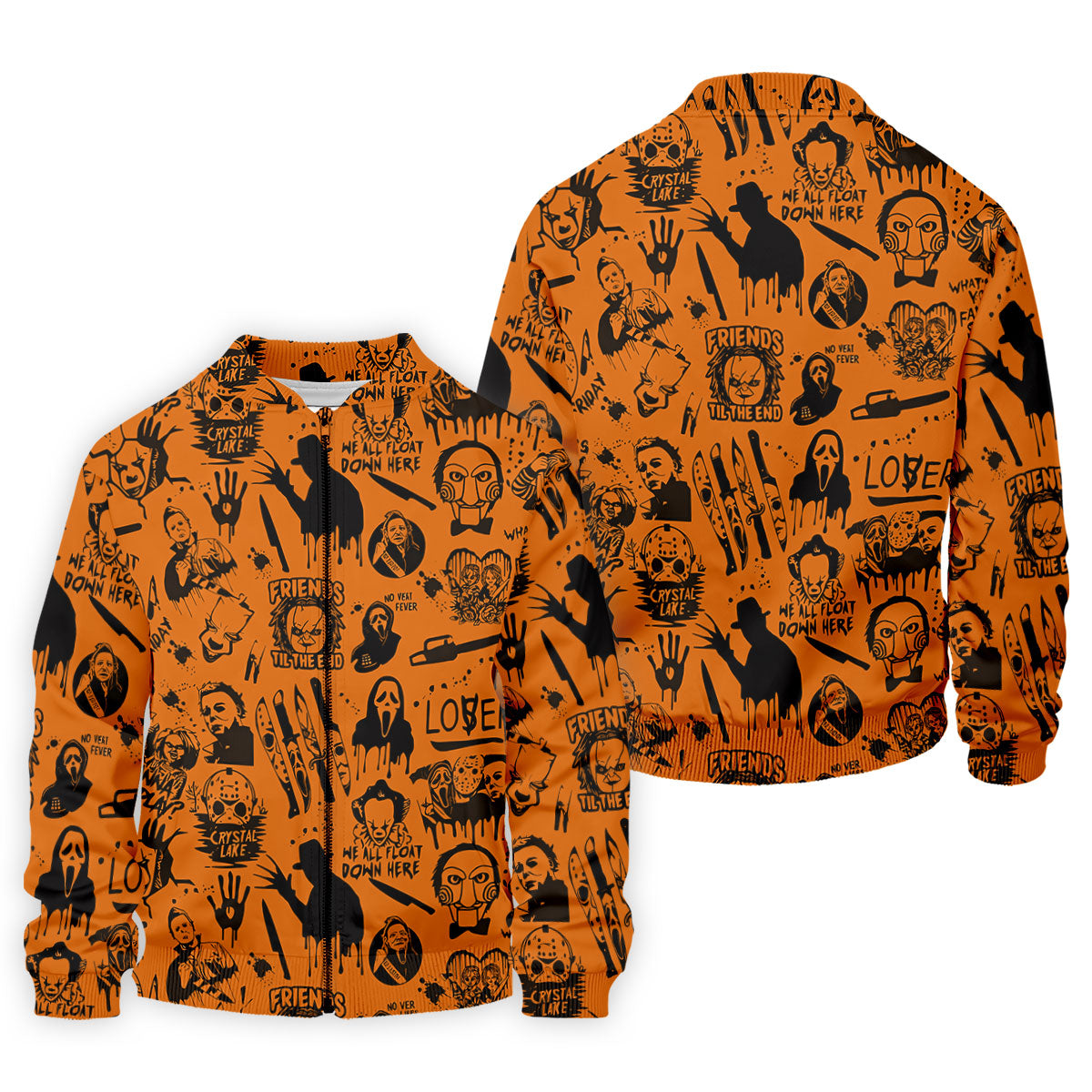 Orange Horror Character Icons Pattern Golf Polo Shirt for Halloween, Mens Golf Polo, Printed Golf Shirts