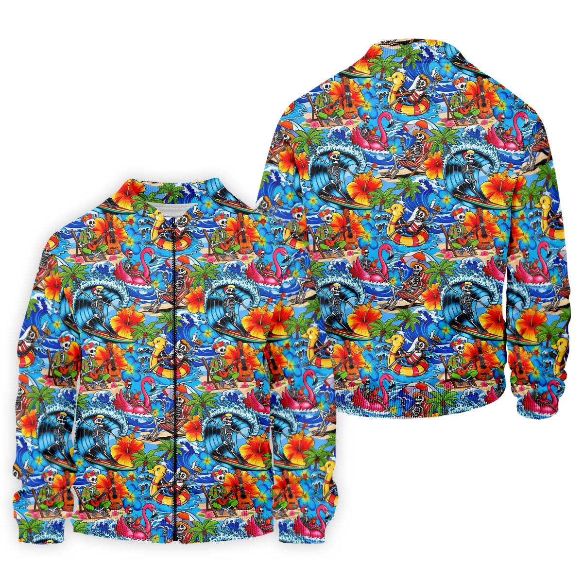 Blue Tropical Skeleton Surfer Pattern Golf Polo Shirt, Men's Golf Shirt, Golf Polo Shirts For Men