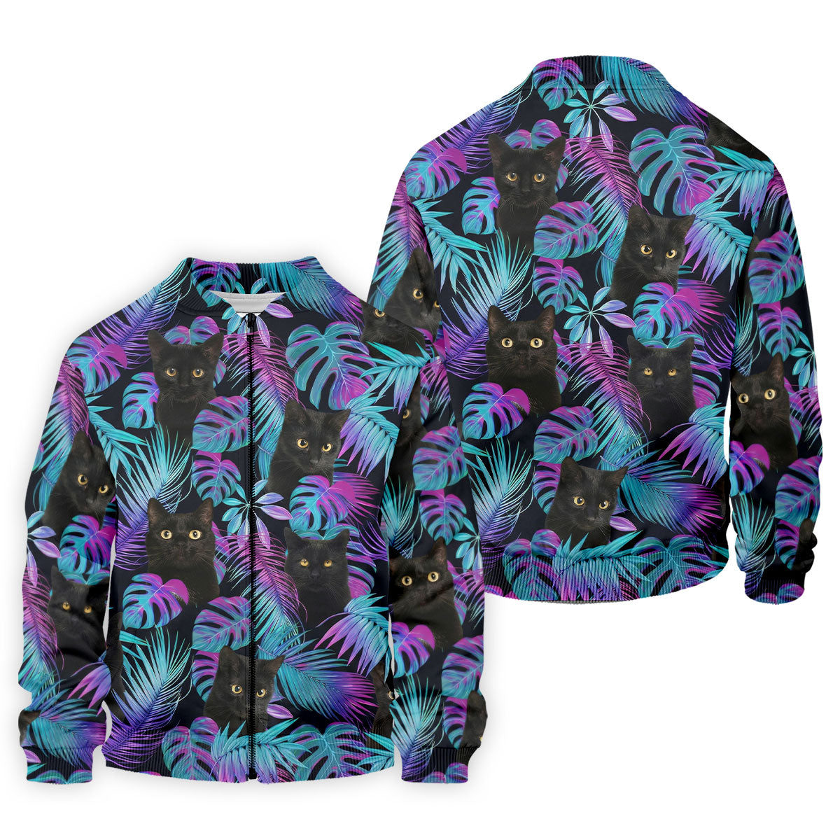 Funny Black Cat Purple Blue Gradient Hawaiian Golf Shirt, Golf Shirts For Men