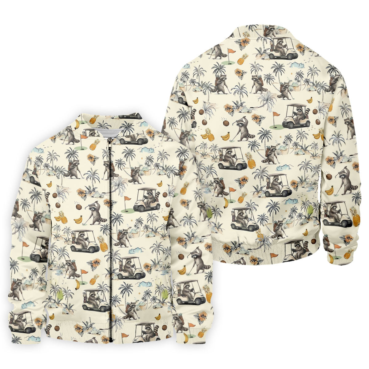 Funny Raccoon Golf Cart Tropical Pattern Polo Shirt, Mens Golf Polo, Golf Apparel For Men