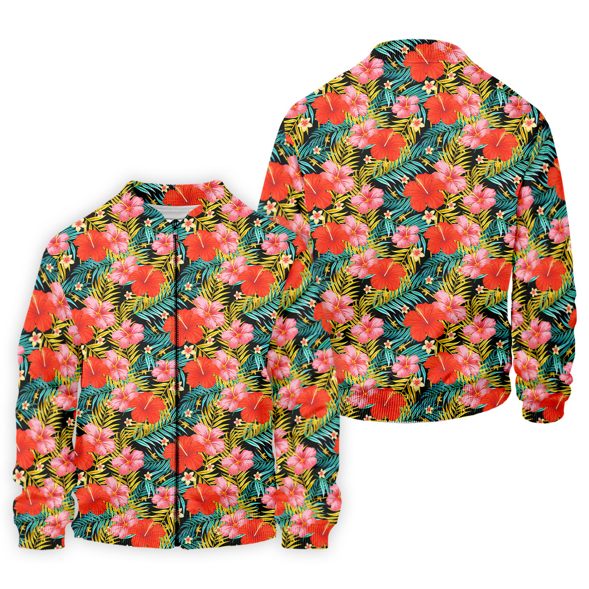 Red Hibicus Gold Palm Leaf Hawaiian Golf Shirt, Summer Theme Golf Shirts For Men