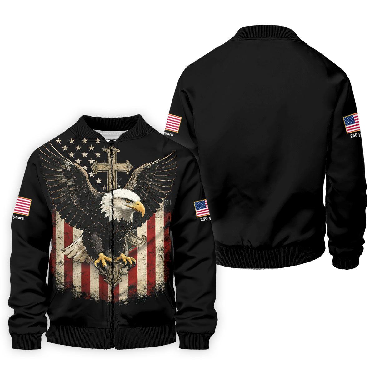 Faith Cross Bald Eagle And US Flag Black Golf Shirt, Patriotic 4th Of July Golf Shirts For Men