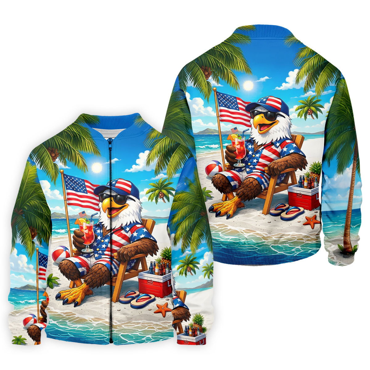 Funny Bald Eagle US Flag Pattern Hawaiian Golf Shirt, 250 Years Patriotic 4th Of July Golf Shirts For Men