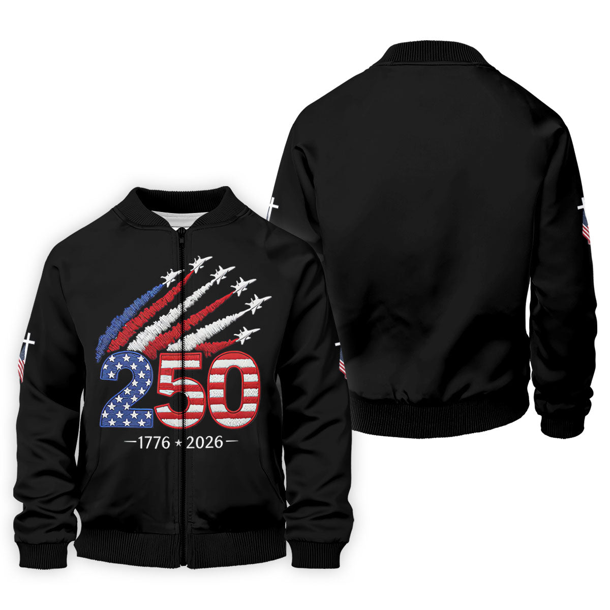 Flying Fighter Jets Faith Cross Patriotic 4th Of July Black Golf Shirt, 250 Years Golf Shirts For Men