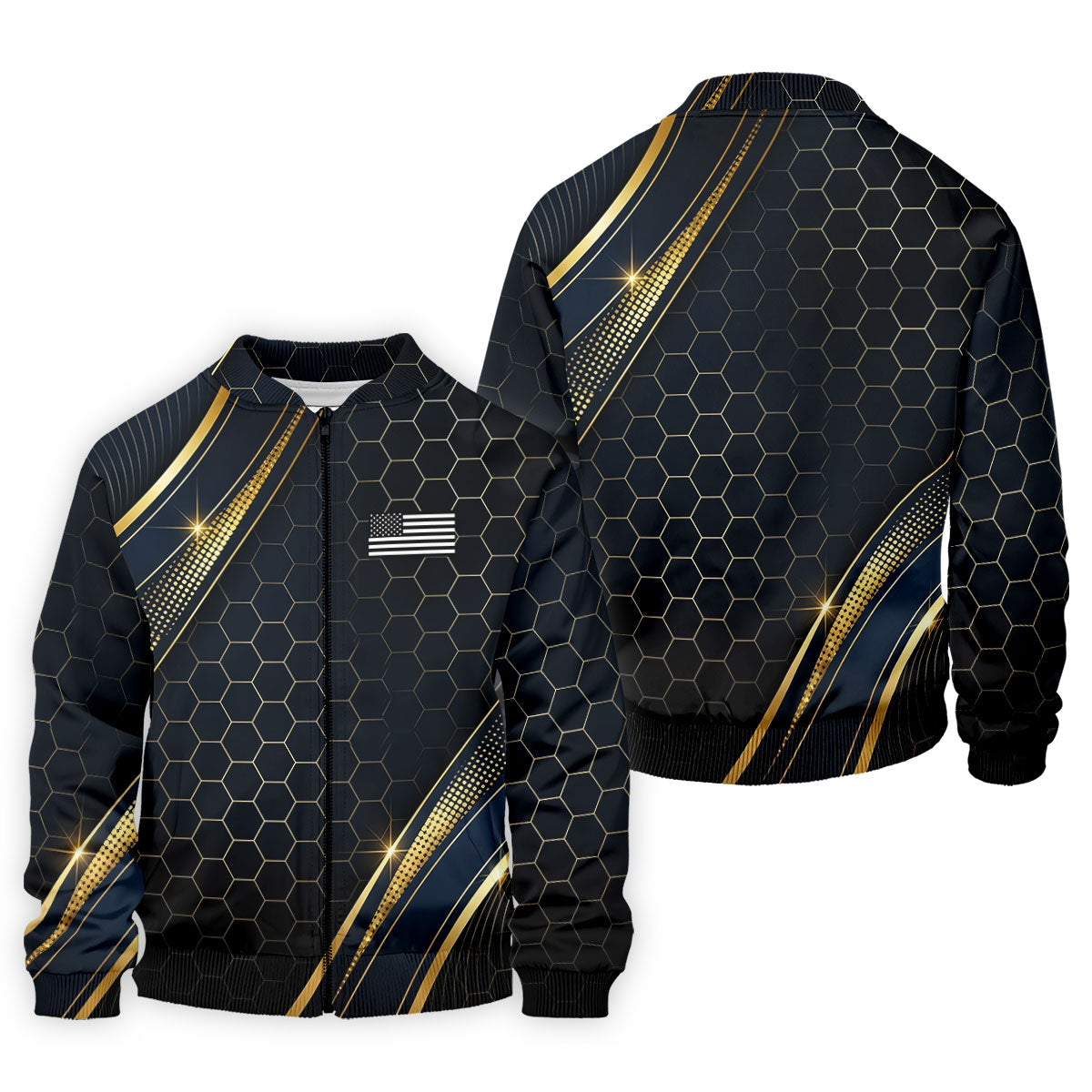Gold Hexagonal US Flag Logo Retro Golf Shirt, 250 Years Patriotic 4th Of July Golf Shirts For Men