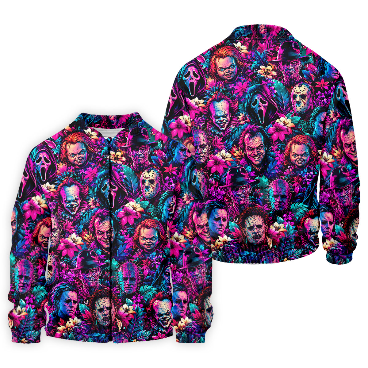 Neon Floral Horror Character Halloween Golf Shirt, Golf Shirts For Men, Mens Golf Apparel