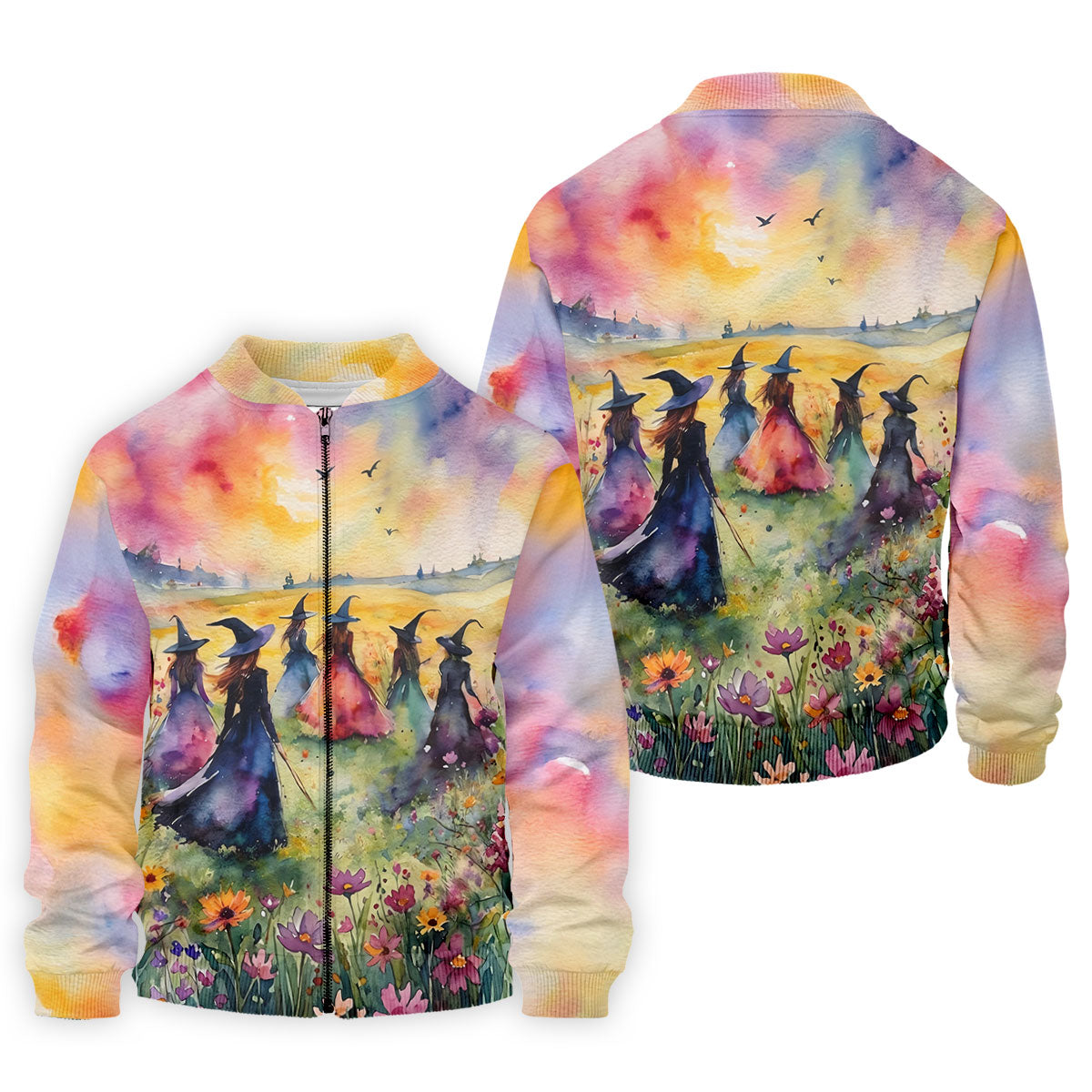 Watercolor Witch Gathering Halloween Golf Polo Shirt, Printed Golf Shirts, Golf Polo Shirts For Men