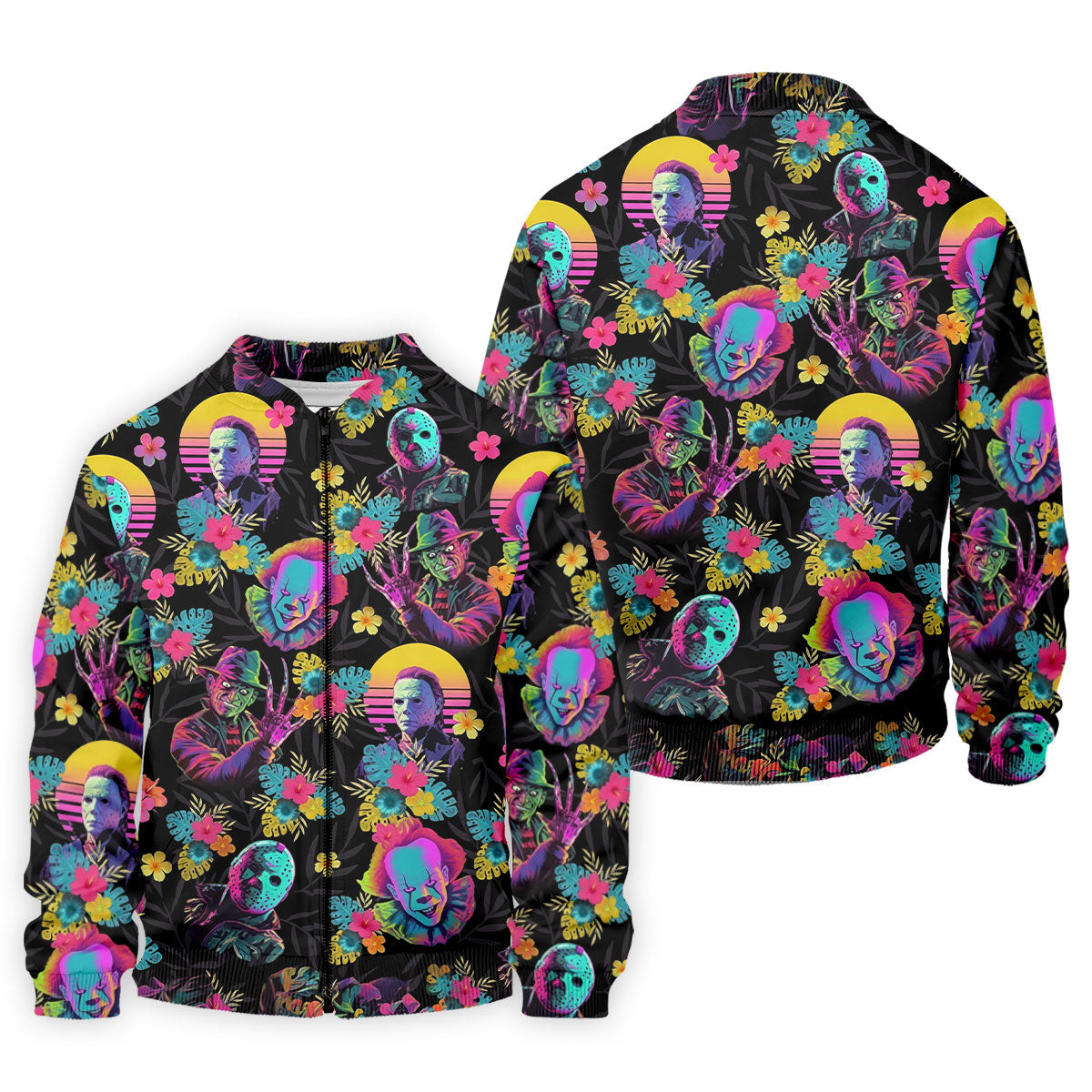 Neon Floral Halloween Horror Character Hawaiian Golf Shirt, Men's Golf Shirt, Mens Golf Polo