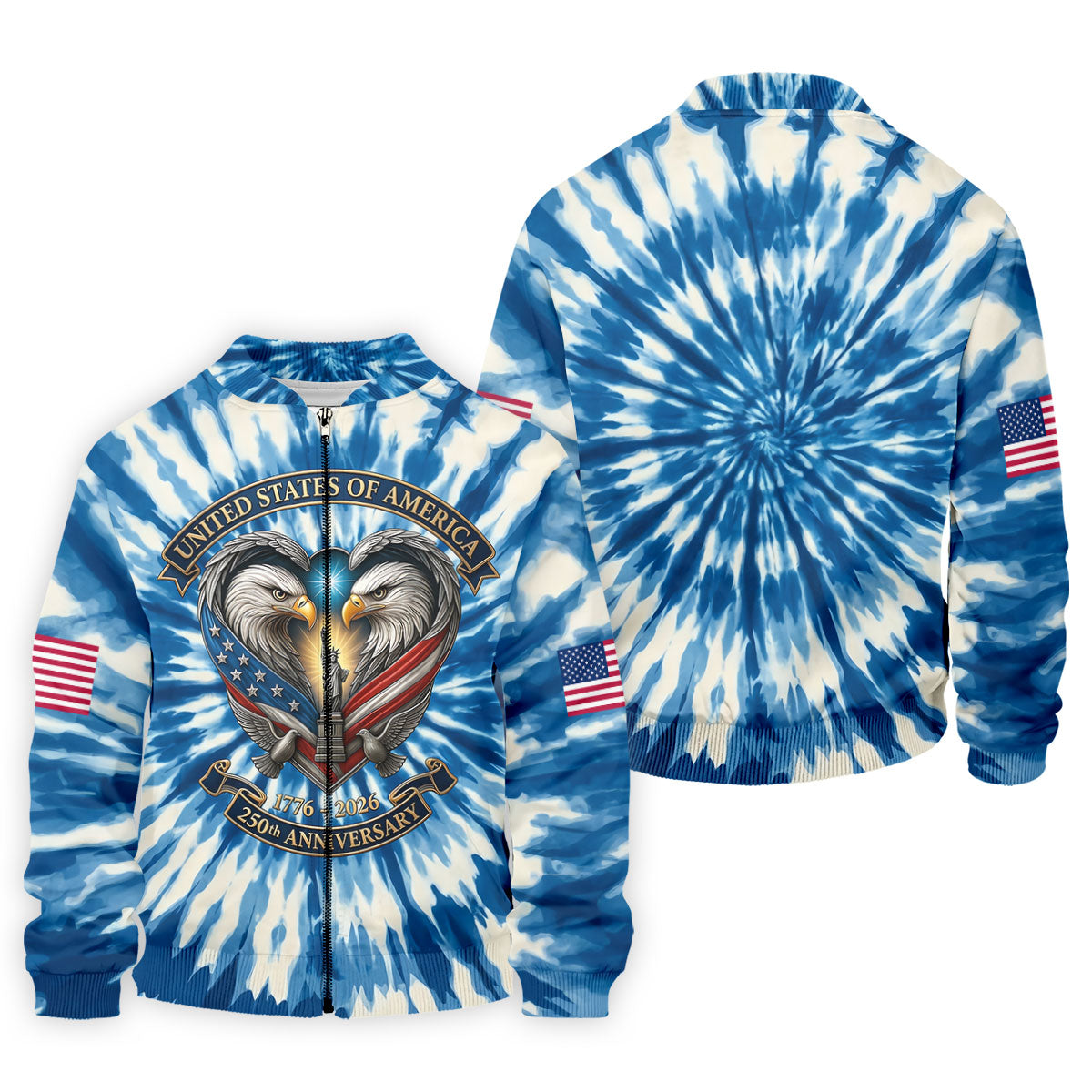 USA 250th Anniversary Tie Dye Print Bald Eagle Golf Shirt, Patriotic 4th Of July Golf Shirts For Men