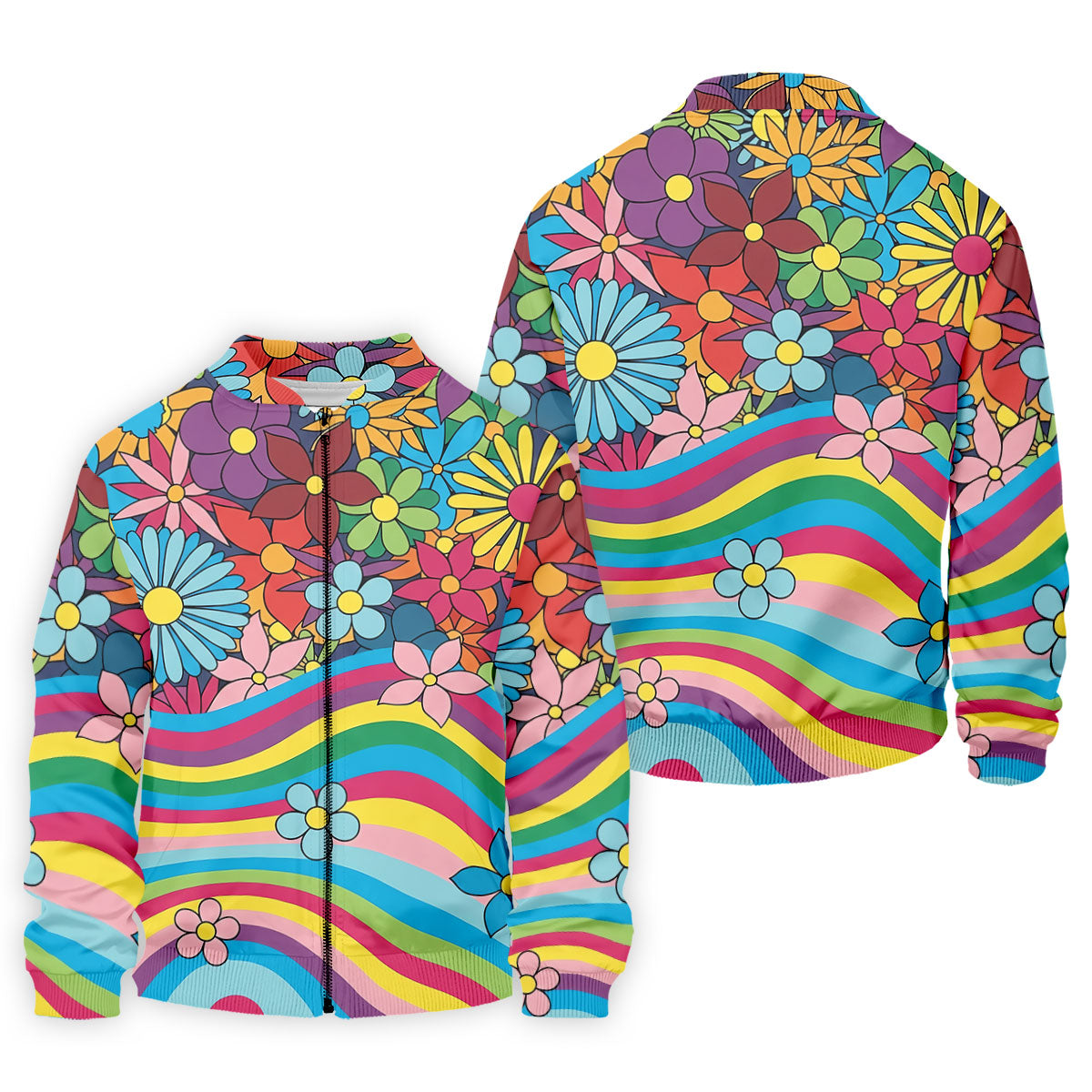 Retro Rainbow Floral Hippie Hawaiian Golf Shirt, Golf Polo Shirts For Men, Mens Golf Apparel