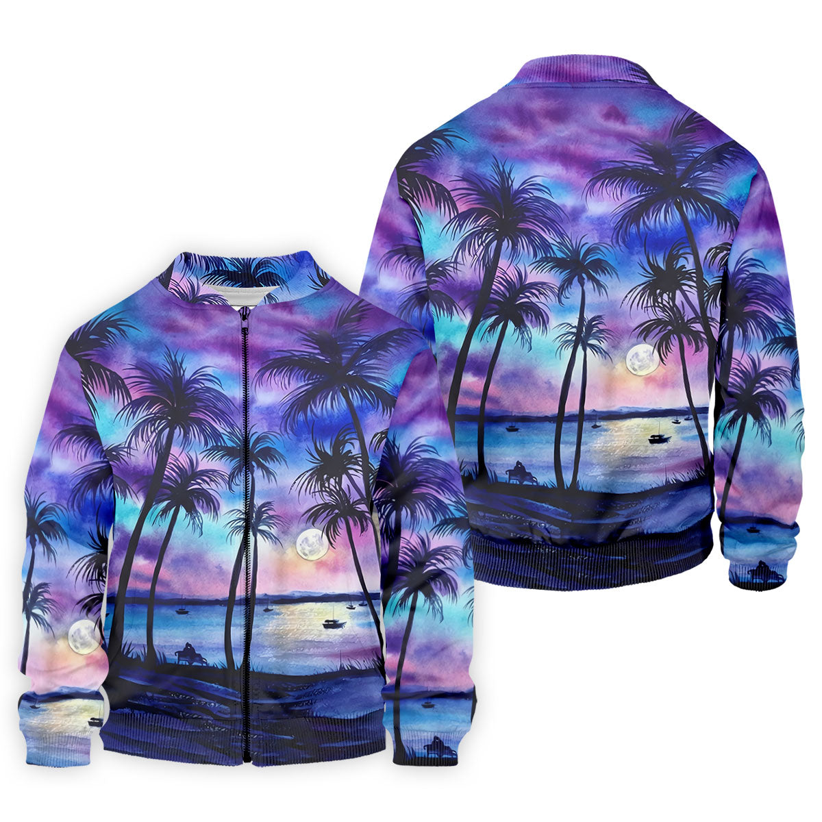 Moonlit Tropical Beach Palm Tree Design Hawaiian Golf Shirt, Golf Shirts For Men, Polo Shirts For Men