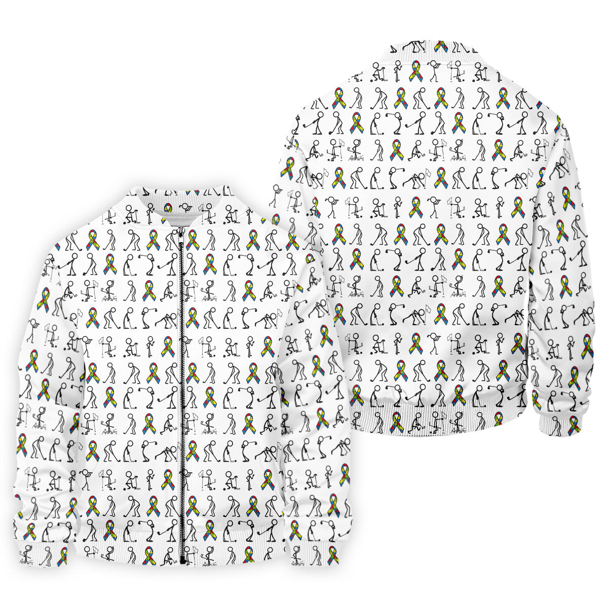 Stick Figure Golf Pose Autism Ribbon White Golf Shirt, Autism Awareness Colors Golf Shirts For Men