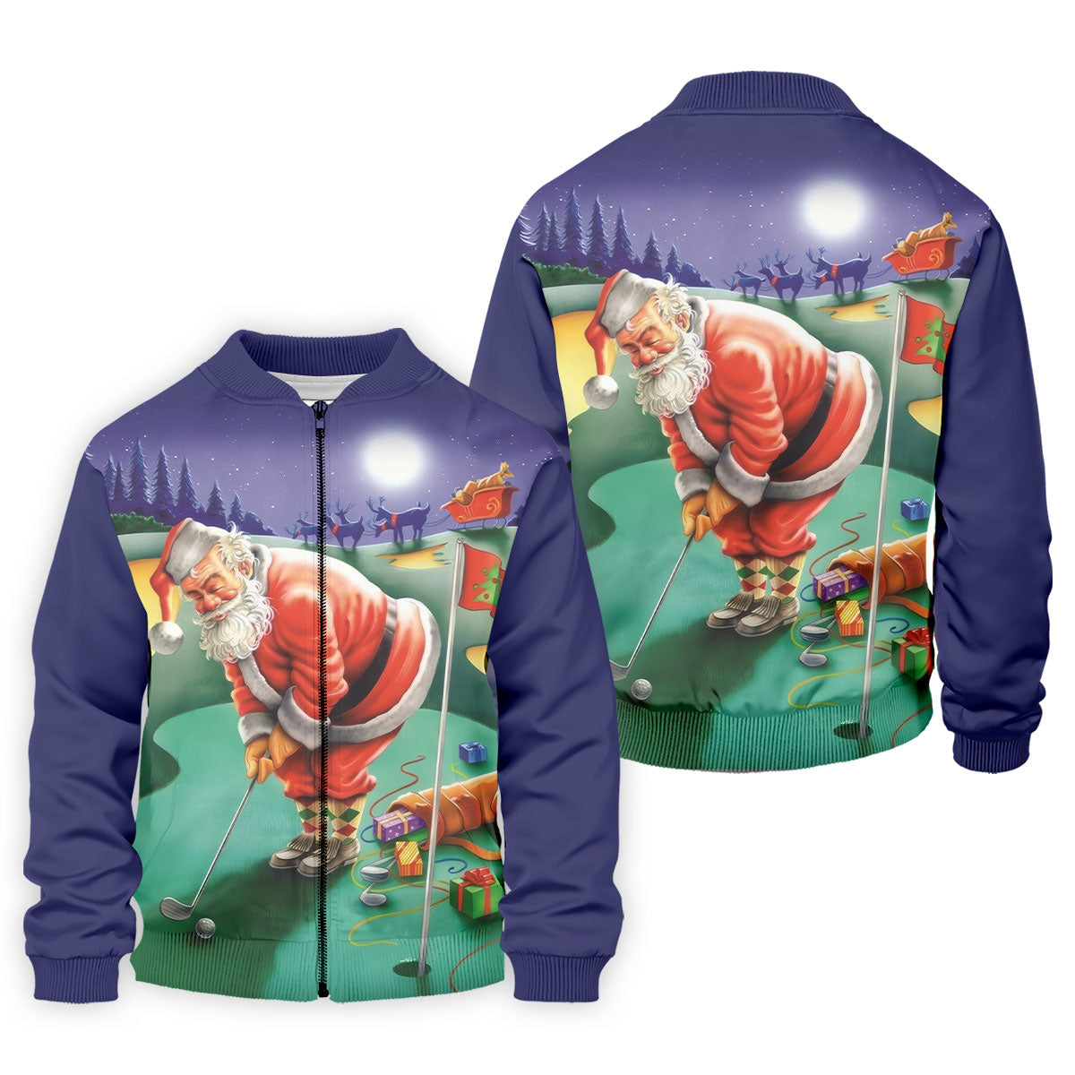 Men's Santa Night Golf Scene Golf Shirt, Christmas Golf Shirt, Golf Apparel For Men