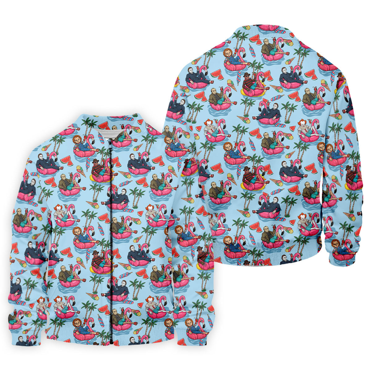 Retro Horror Character Villains Floating On Flamingo Pool Floats Golf Polo Shirt, Mens Golf Polo, Printed Golf Shirts