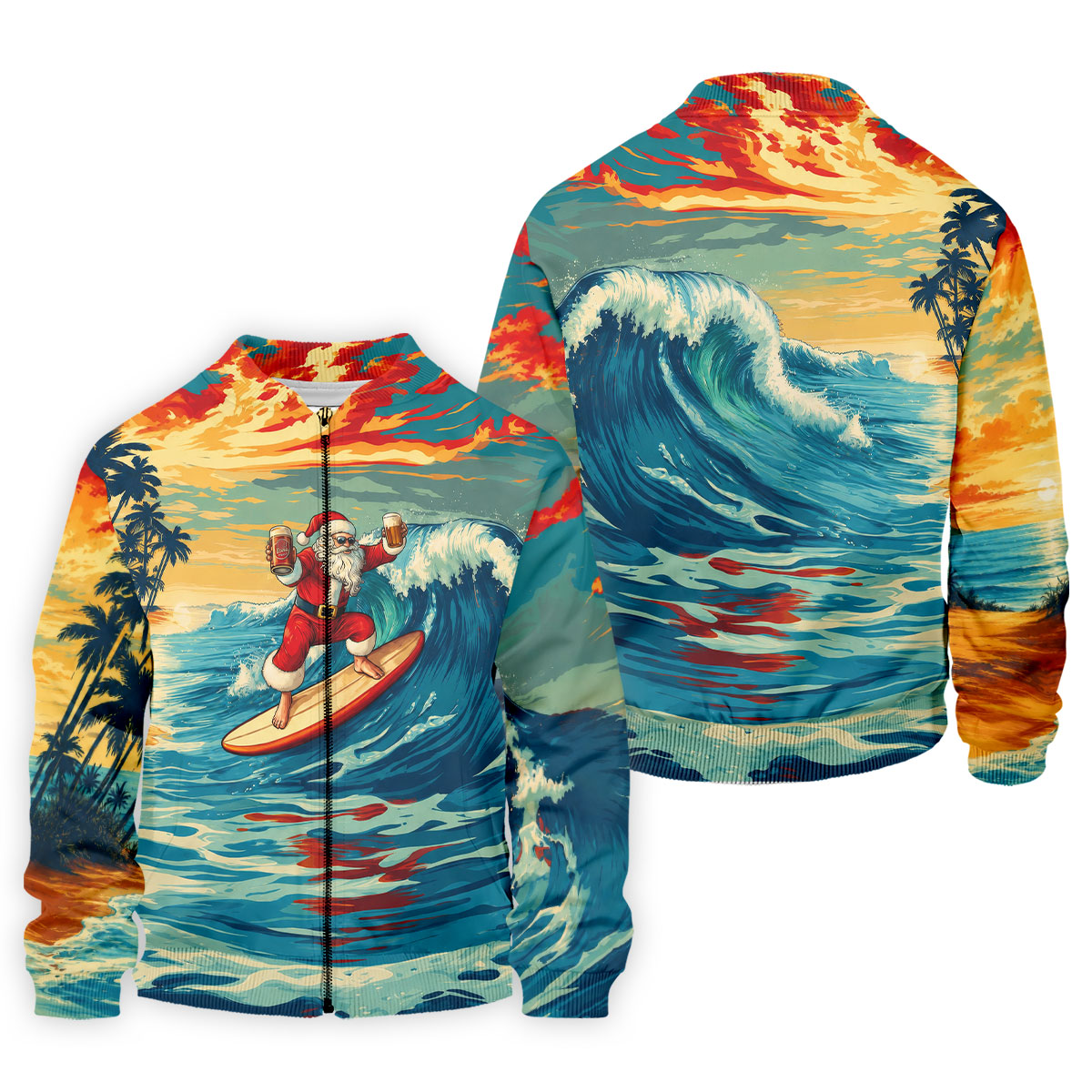 Tropical Surfing Santa Sunset Christmas Golf Shirt, Men's Golf Shirt, Hawaiian Golf Shirt