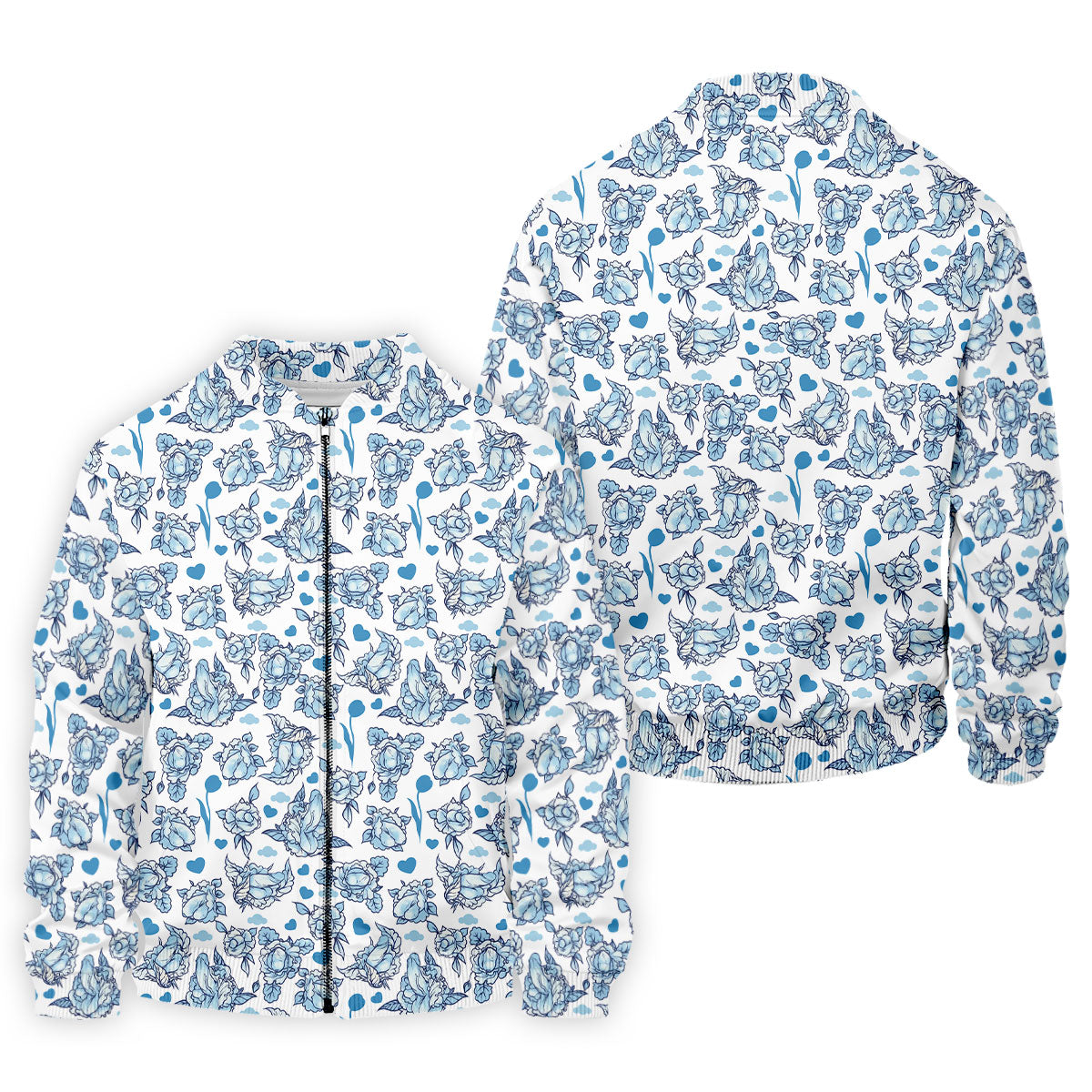 Blue Rose Floral Heart Pattern Golf Shirt, Polo Shirts For Men, Printed Golf Shirts
