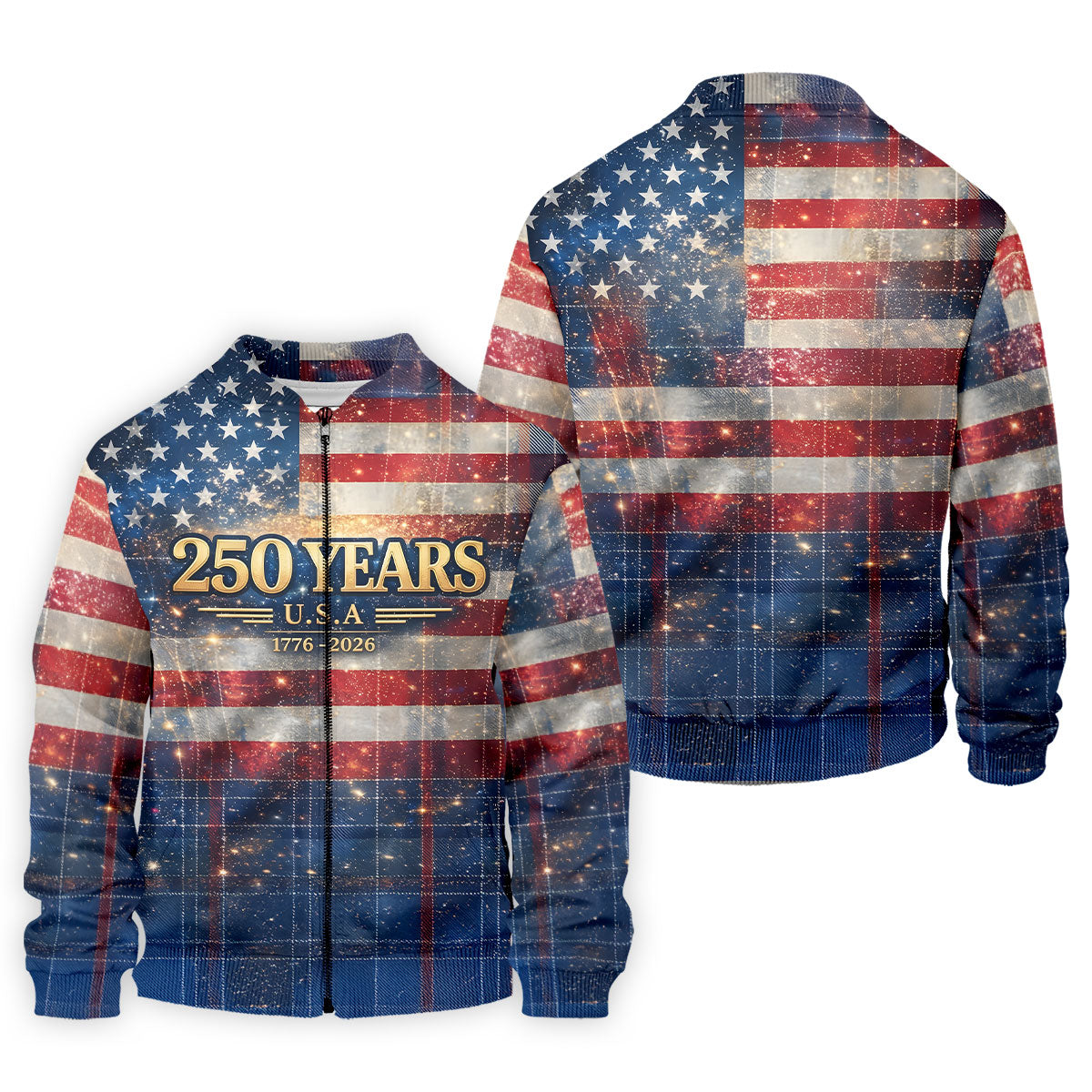 250 Years USA Galaxy Overlay Checkered Patriotic Golf Shirt, 4th Of July Golf Shirts For Men