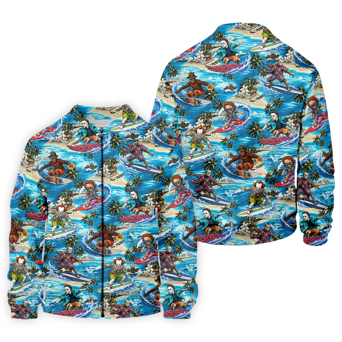 Horror Character Surfing Hawaiian Golf Shirt, Tropical Slasher Golf Shirt, Golf Shirts For Men