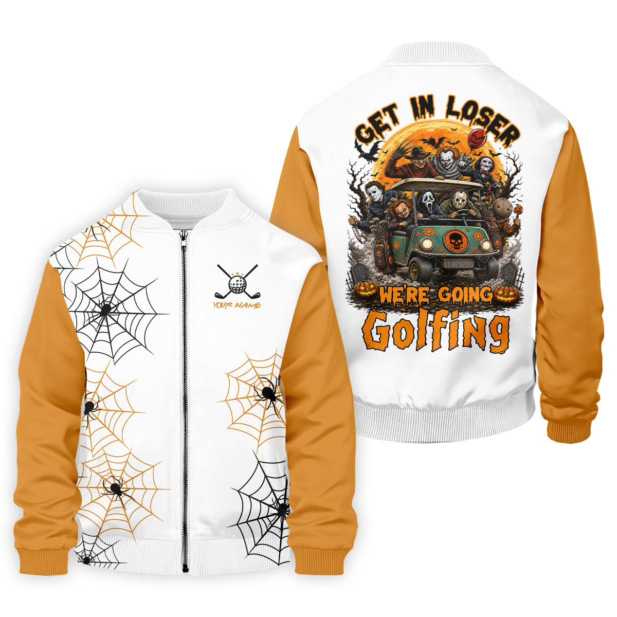 Custom Get In Loser We're Going Golfing Halloween Horror Character Golf Shirt, Golf Shirts For Men