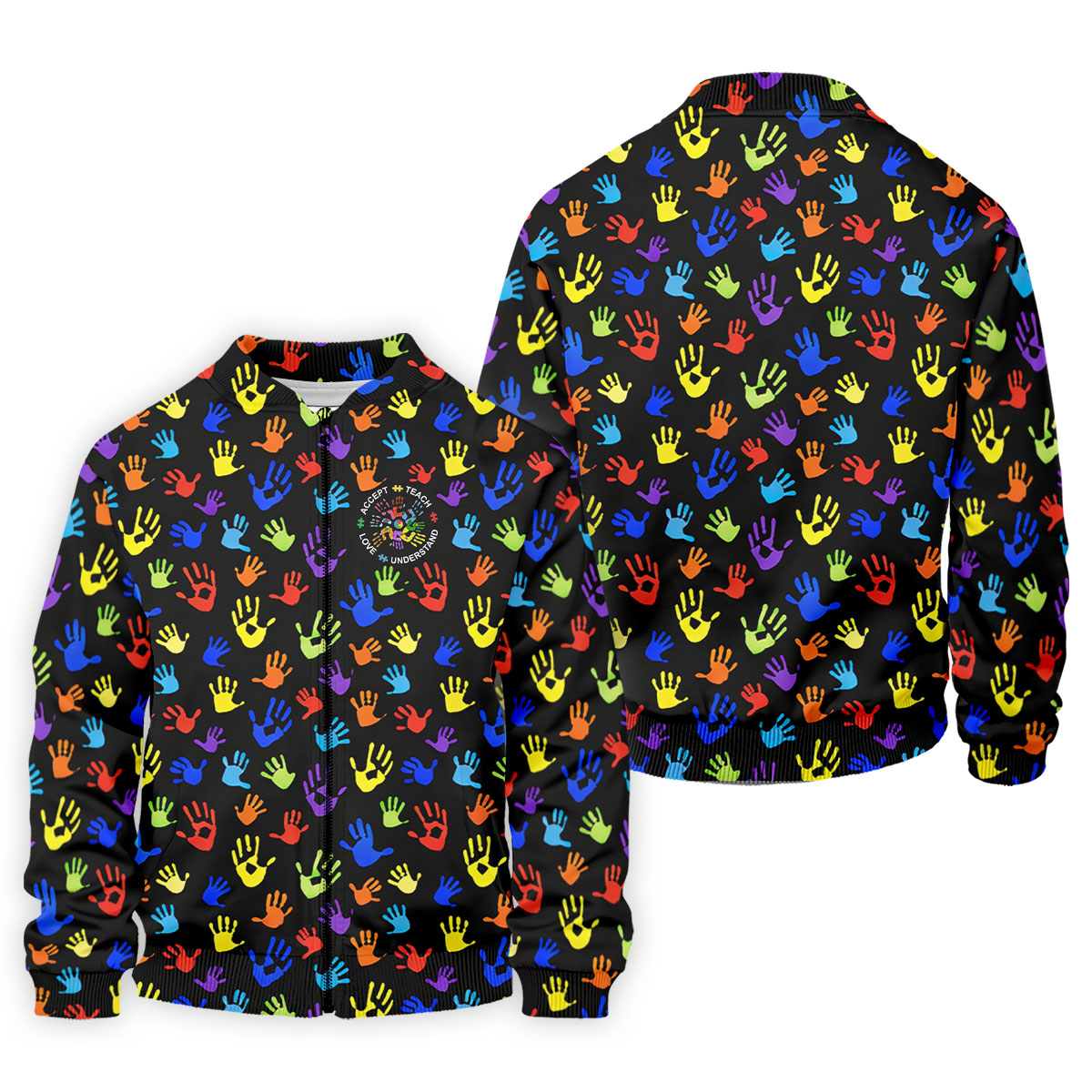 Accept Teach Understand Love Autism Awareness Colorful Handprint Black Golf Shirt, Golf Shirts For Men