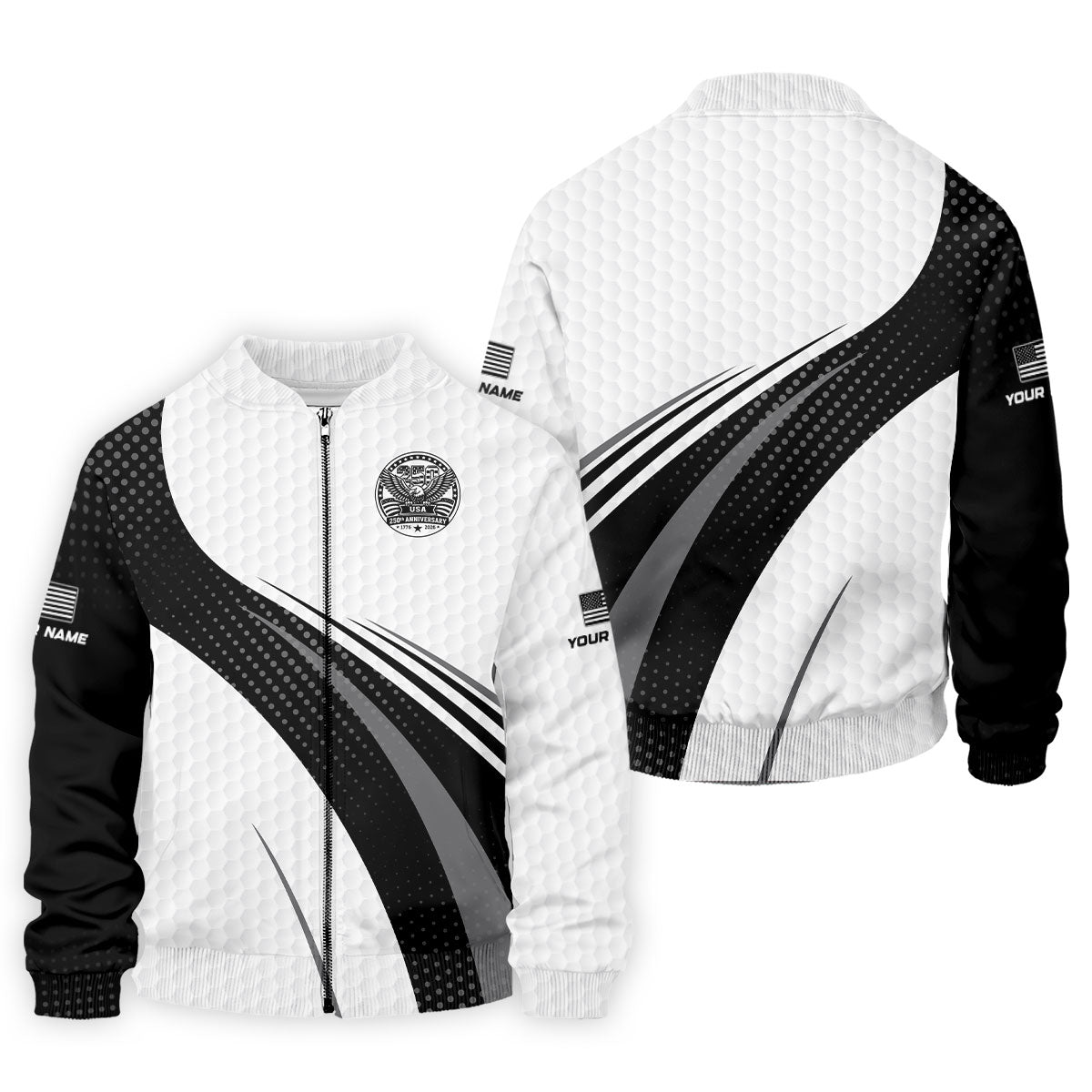 USA 250th Anniversary Black And White Golf Ball Pattern Golf Tops For Men, Patriotic Golf Shirts For Men