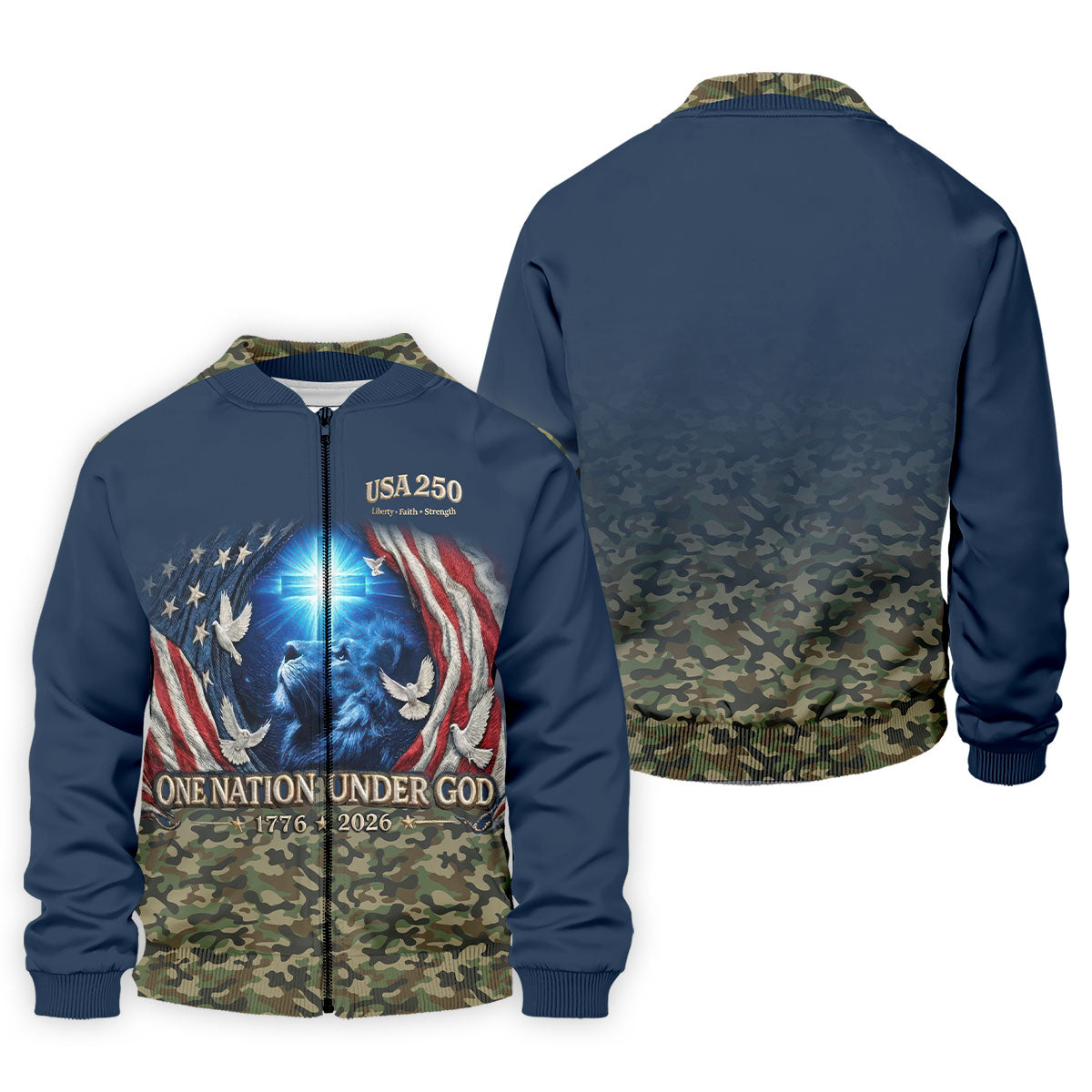 One Nation Under God Faith Cross USA 250 Navy Camo Golf Shirt, 4th Of July Golf Shirts For Men