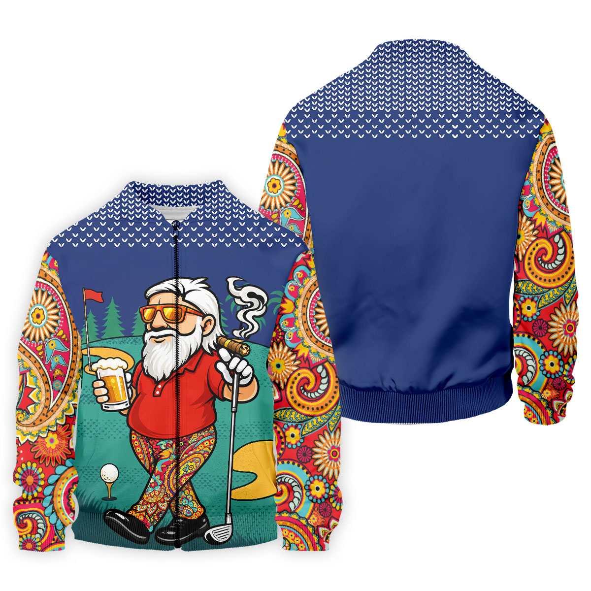Men's Funny Golf Santa Beer And Cigar Polo Shirt, Mens Golf Polo, Golf Apparel For Men
