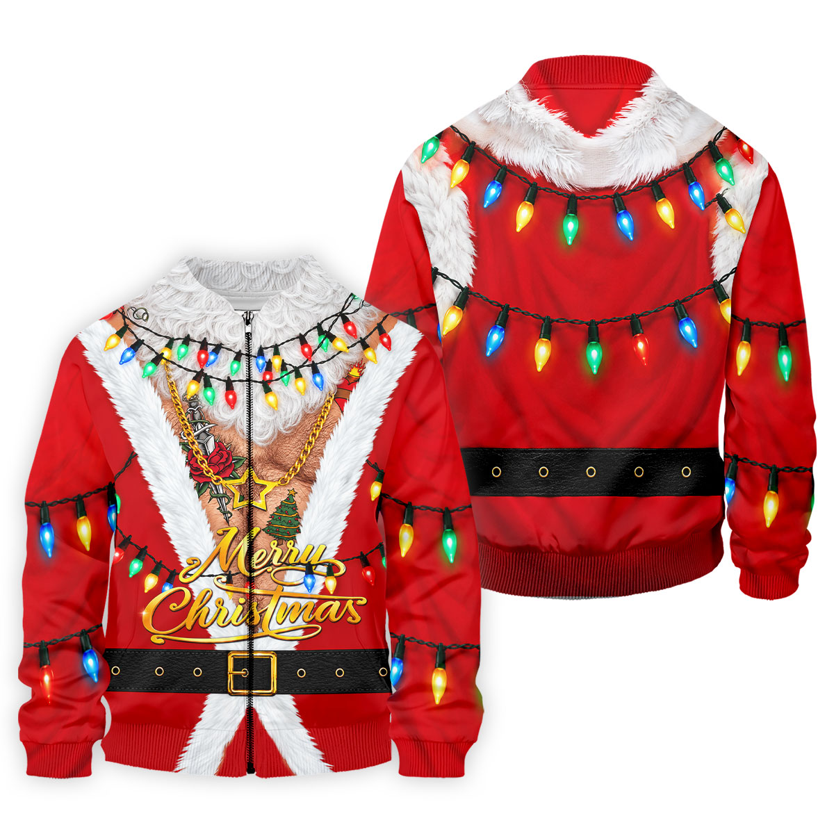 Merry Christmas Santa Lights Gold Chain Polo Shirt, Mens Golf Polo, Golf Shirts For Men