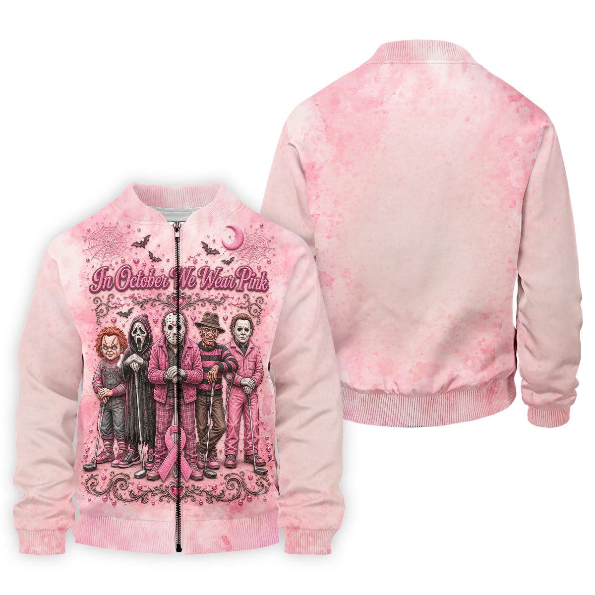 In October We Wear Pink Breast Cancer Horror Characters Golf Polo, Polo Shirts For Men