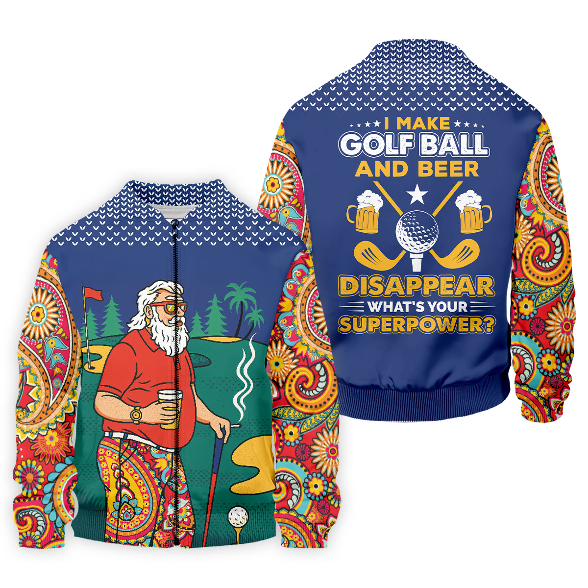 Funny Bearded Golfer Beer Lover Paisley Sleeve Golf Polo, Golf Polo Shirts For Men, Mens Golf Apparel