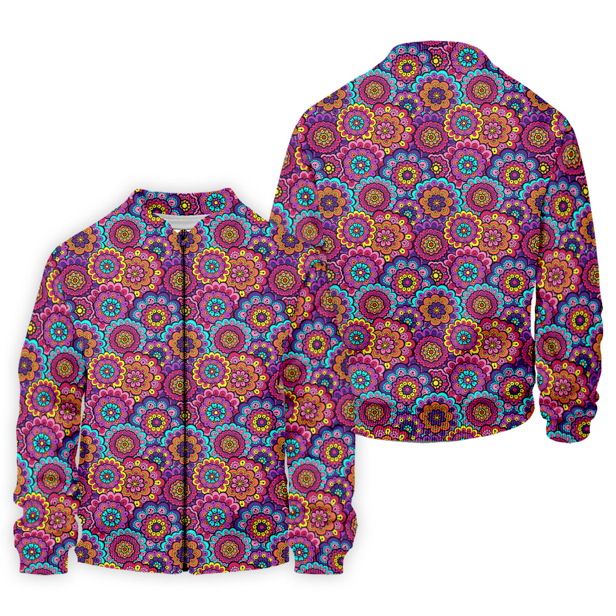 Colorful Mandala Floral Pattern Zip Hoodie, Graphic Zip Hoodie, Hooded Sweatshirt For Men