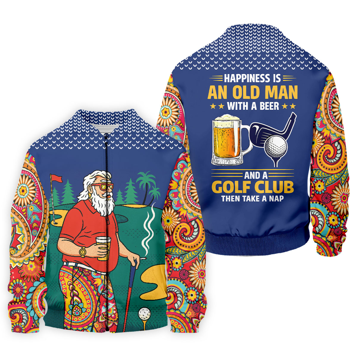 Retro Bearded Golfer Holding Beer Golf Polo Shirt, Mens Golf Shirts, Printed Golf Shirts